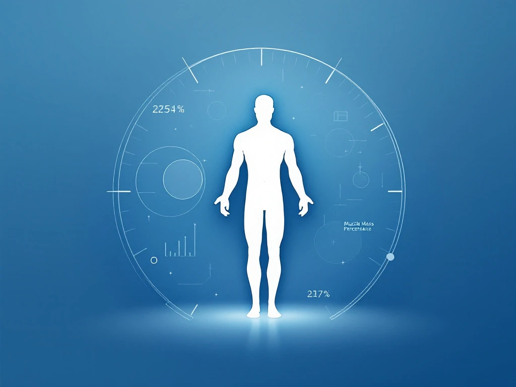Abstrakti ihmiskehon siluetti korostaa lihasmassaprosenttia. Geometriset muodot viittaavat kehonkoostumusanalyysiin.