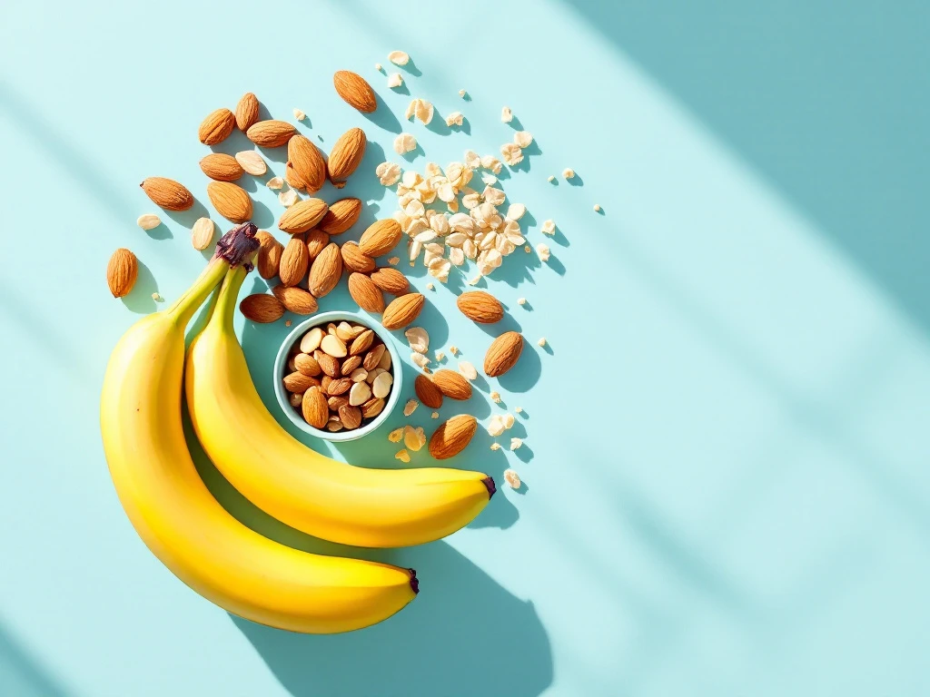 Minimalistinen kuva: banaanit, mantelit ja kaurapuuro pastellinsinisellä taustalla. Luonnonvalo korostaa terveyttä ja hyvinvointia.