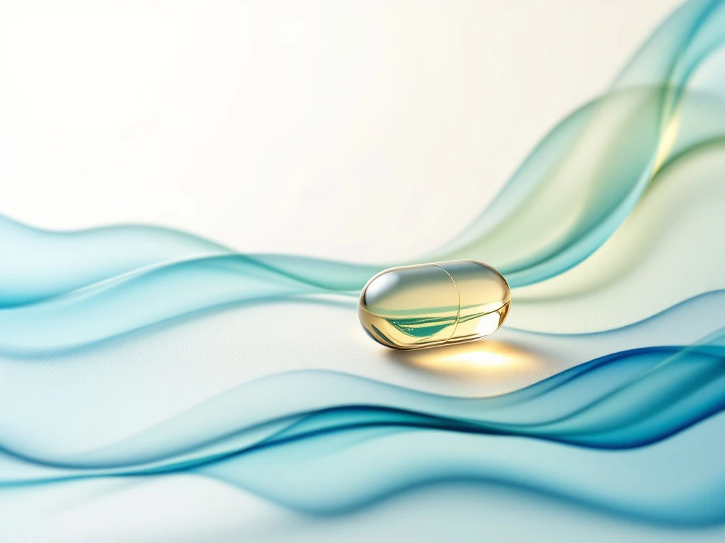 Minimalistinen kuva omega-3-kapselista valkoisella taustalla. Siniset ja vihreät viivat kuvaavat luonnollista hyvinvointia.